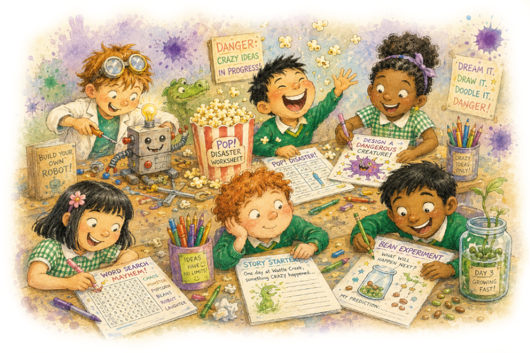 Children enjoying printable activity sheets inspired by Ronald Hart's Wattle Creek stories.