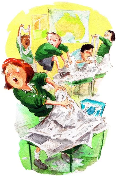 Illustration of children getting stuck with glue by Craig Smith from the book Dangerous Creatures