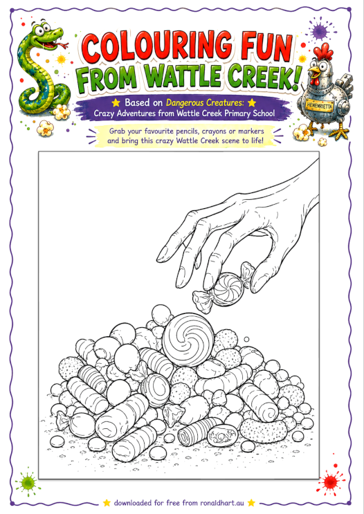 Free, downloadable colouring activity sheet for kids based on Dangerous Creatures by Ronald Hart