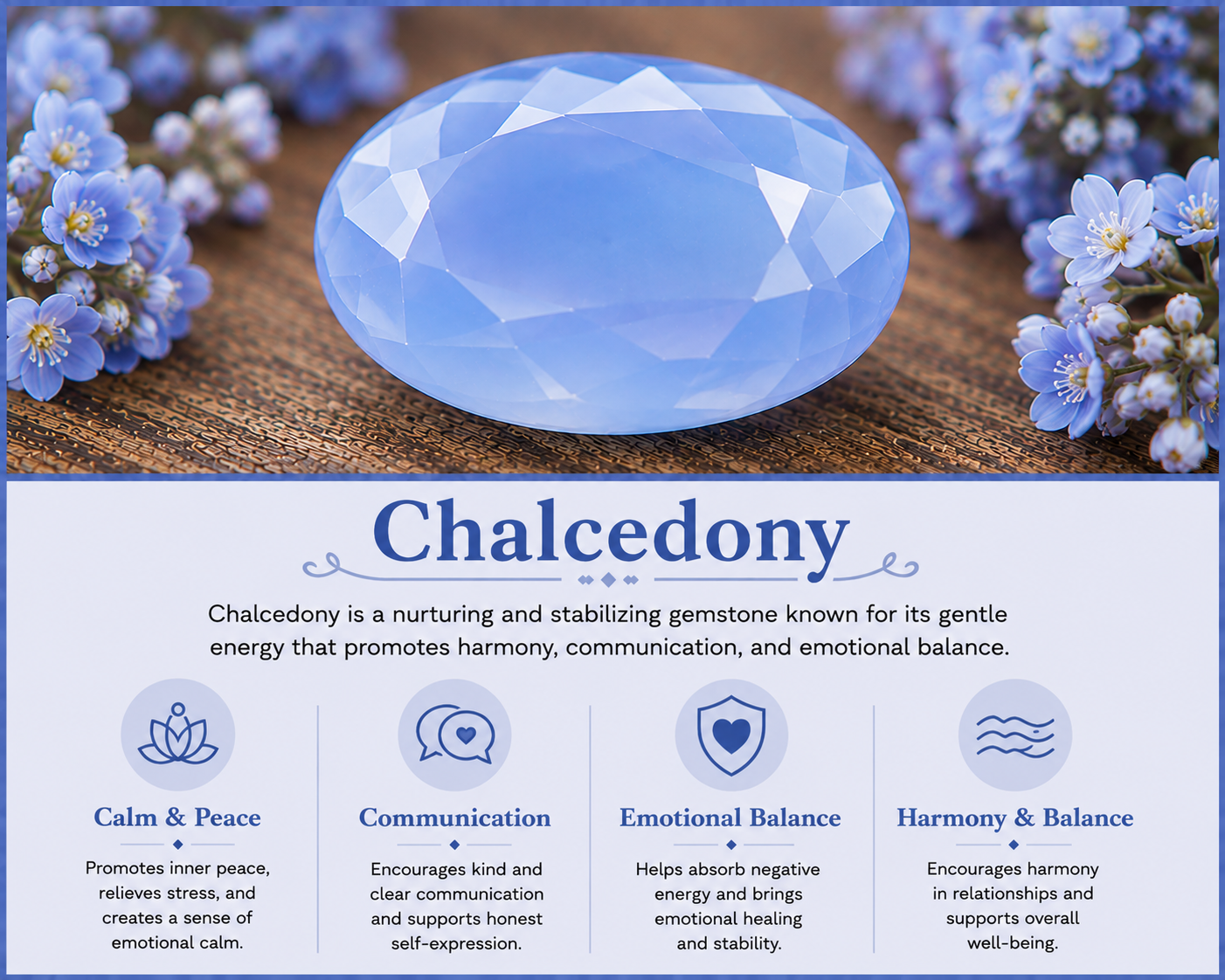 A large, polished light blue chalcedony gemstone on a wooden surface, surrounded by small blue flowers, with an informational section below describing chalcedony's qualities and benefits.