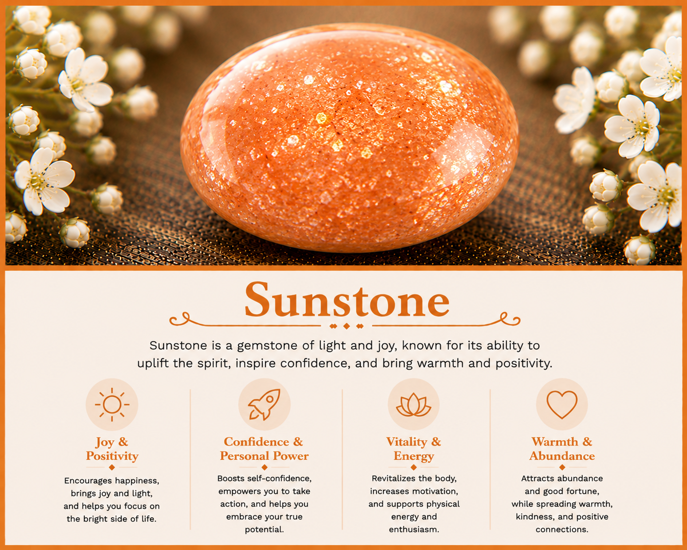 A polished orange sunstone gemstone resting on a dark, textured surface, surrounded by small white flowers.
