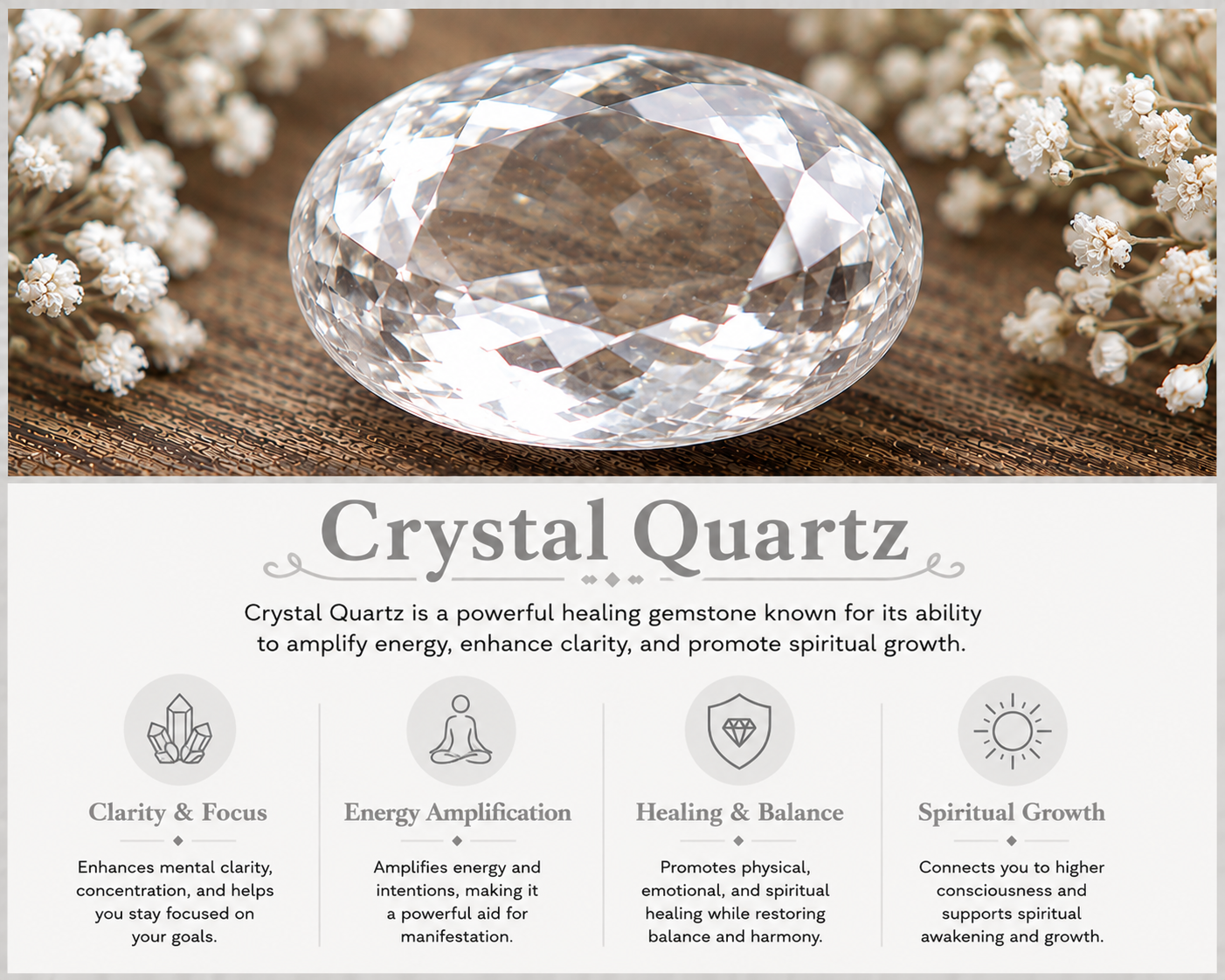A large, faceted crystal quartz gemstone on a woven surface, flanked by small white flowers, with informational text about the healing benefits of crystal quartz.