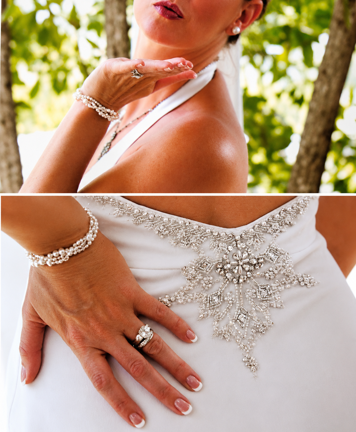 Close-up of a woman in a white dress with pearl jewelry, posing outdoors with trees in the background.