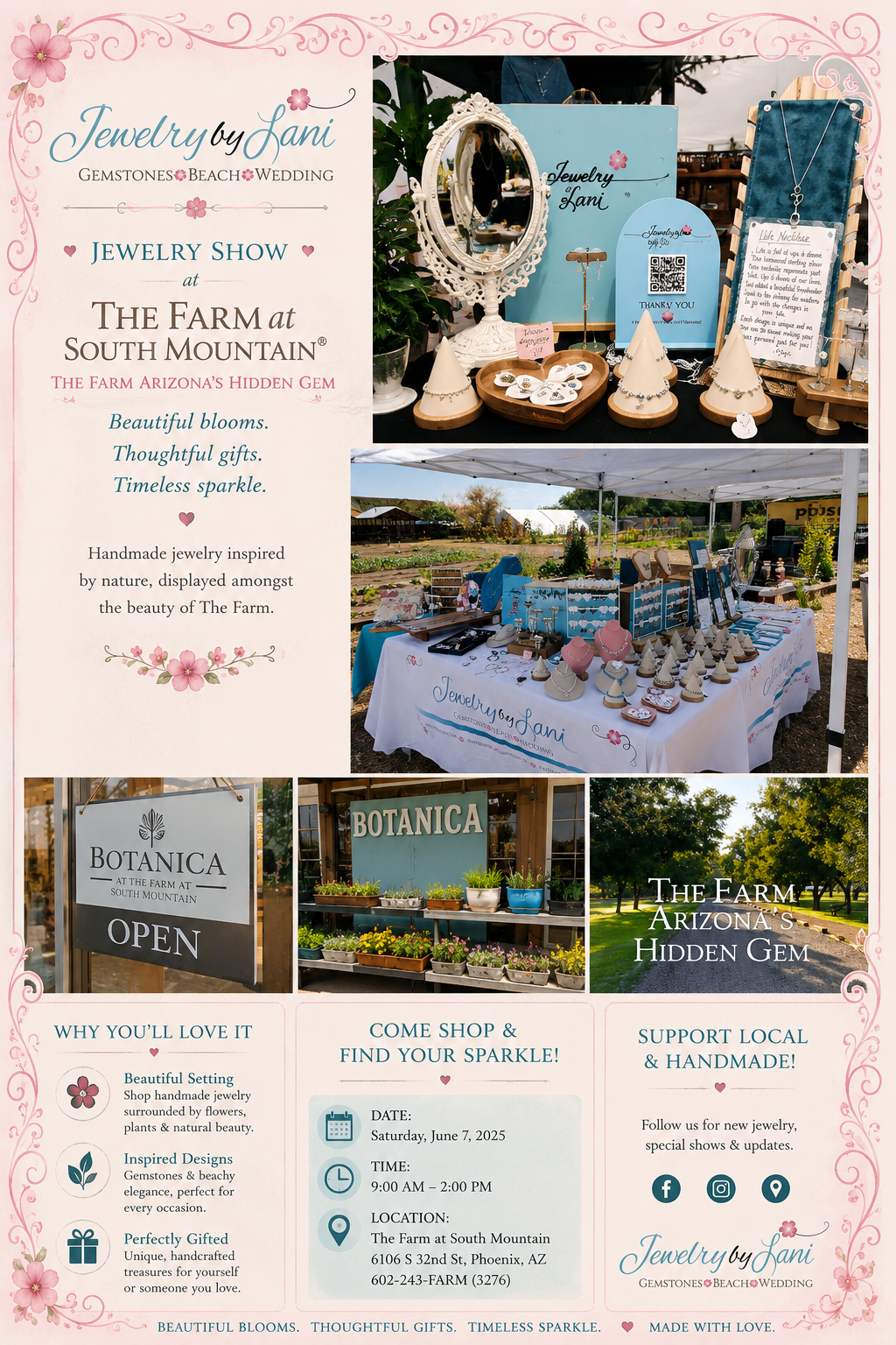 A promotional flyer for Jewelry by Jani at The Farm at South Mountain, Arizona. It features images of jewelry displays, a sign for Botanica nursery, and a scenic farm view. The flyer promotes a jewelry show, describing handmade jewelry inspired by nature, with details of the event date, time, and location, and encourages supporting local and handmade crafts.