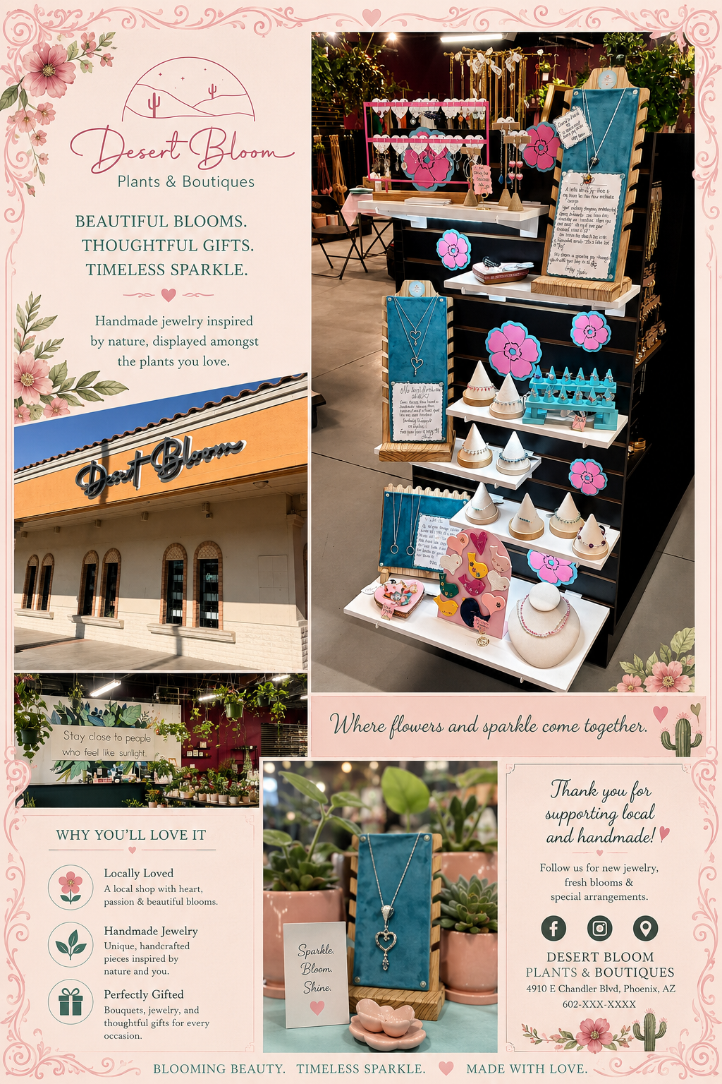 Display of handmade jewelry and floral-themed accessories at Desert Bloom Boutique, including necklaces and rings, with decorative flowers and pink accents, inside a shop.