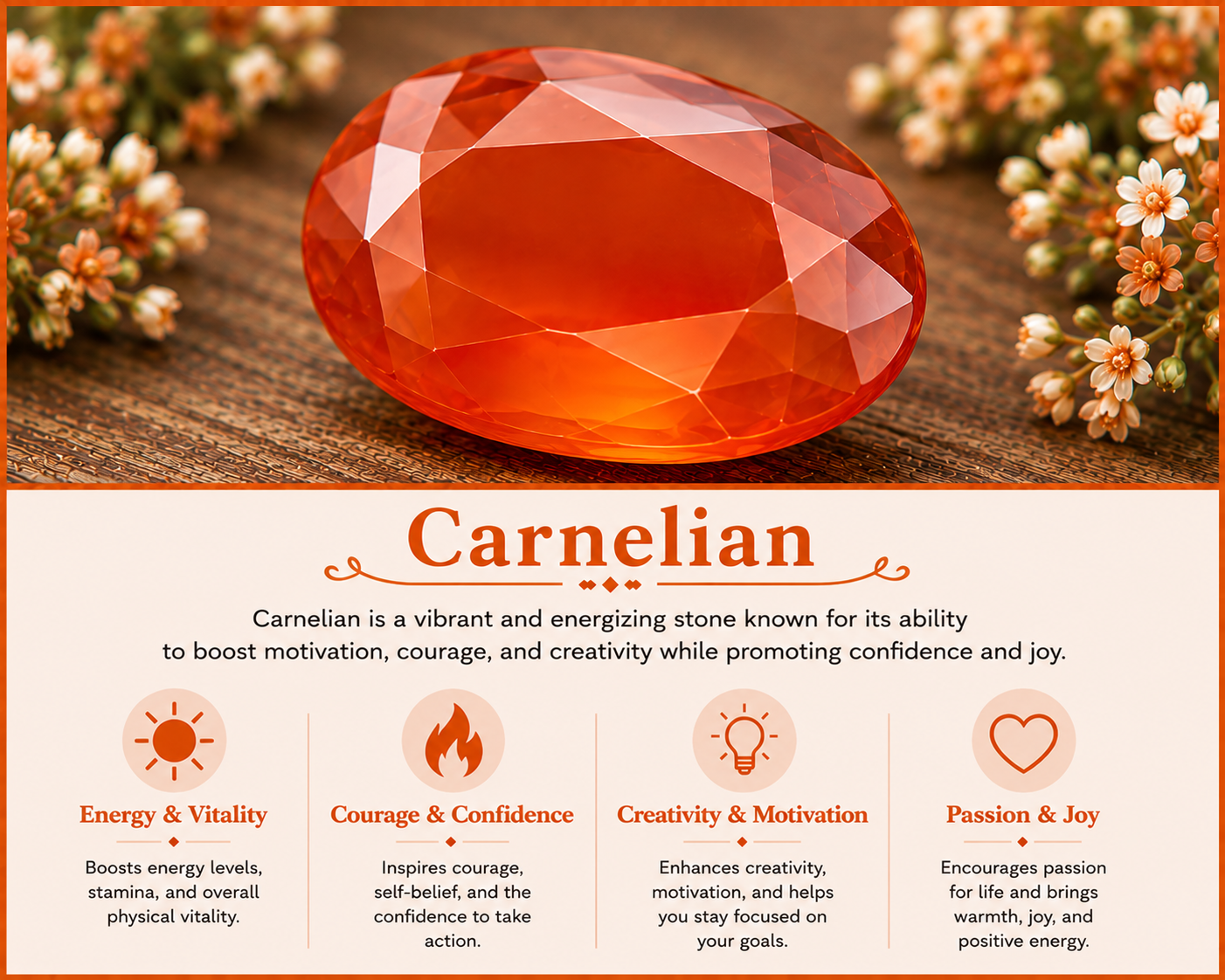 A polished, orange carnelian gemstone with a faceted surface, surrounded by small white and orange flowers. The image has an informational section about carnelian, describing its energetic properties and benefits.