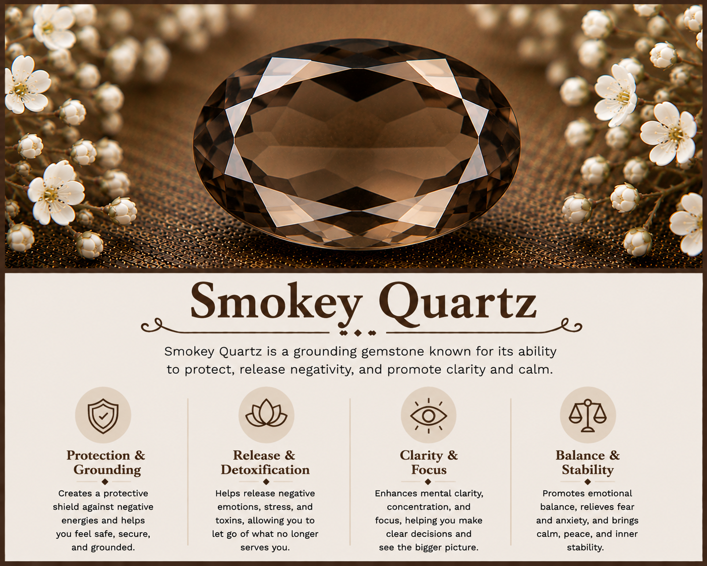 A smoky quartz gemstone with white flowers around it, labeled as a grounding stone that promotes protection, clarity, and stability.