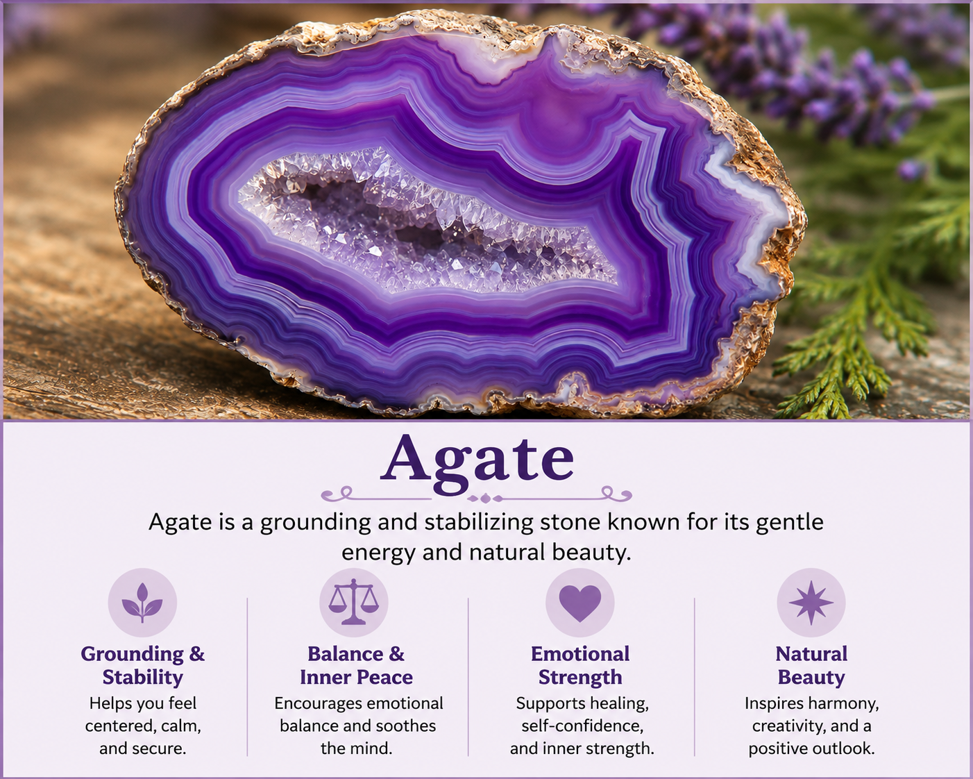 A polished purple agate mineral with layered bands and a sparkling crystal interior, set on a textured surface with a small green plant in the background.