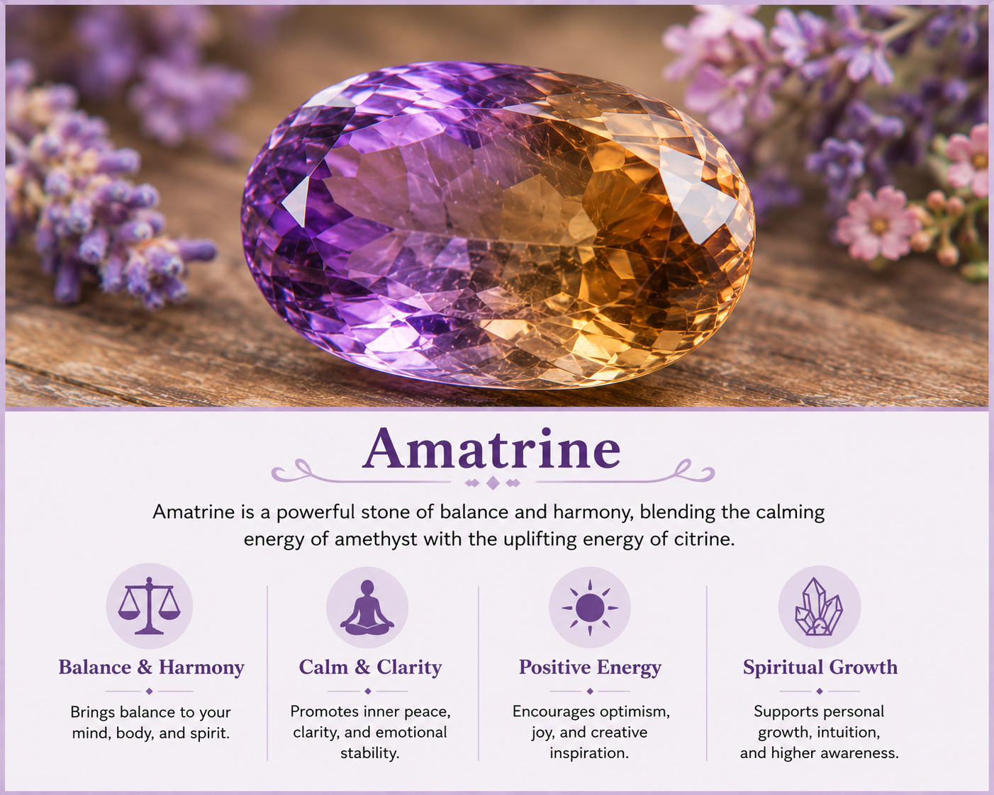 A colorful amatrine gemstone with purple and amber hues, resting on a wooden surface with purple flowers in the background. The image includes informational text about amatrine's qualities and effects.