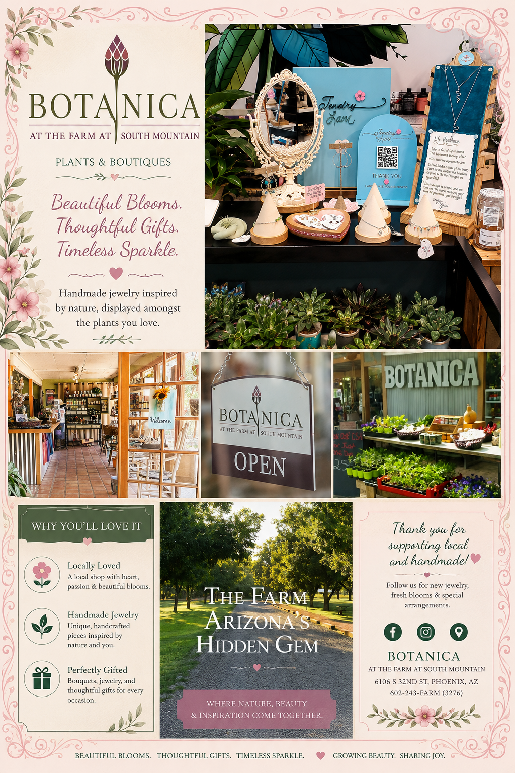 Sign promoting Botanica at the Farm at South Mountain, a plant and boutique shop with jewelry, plants, and gifts, featuring photos of the shop's interior, exterior, and products like jewelry, plants, and trees.