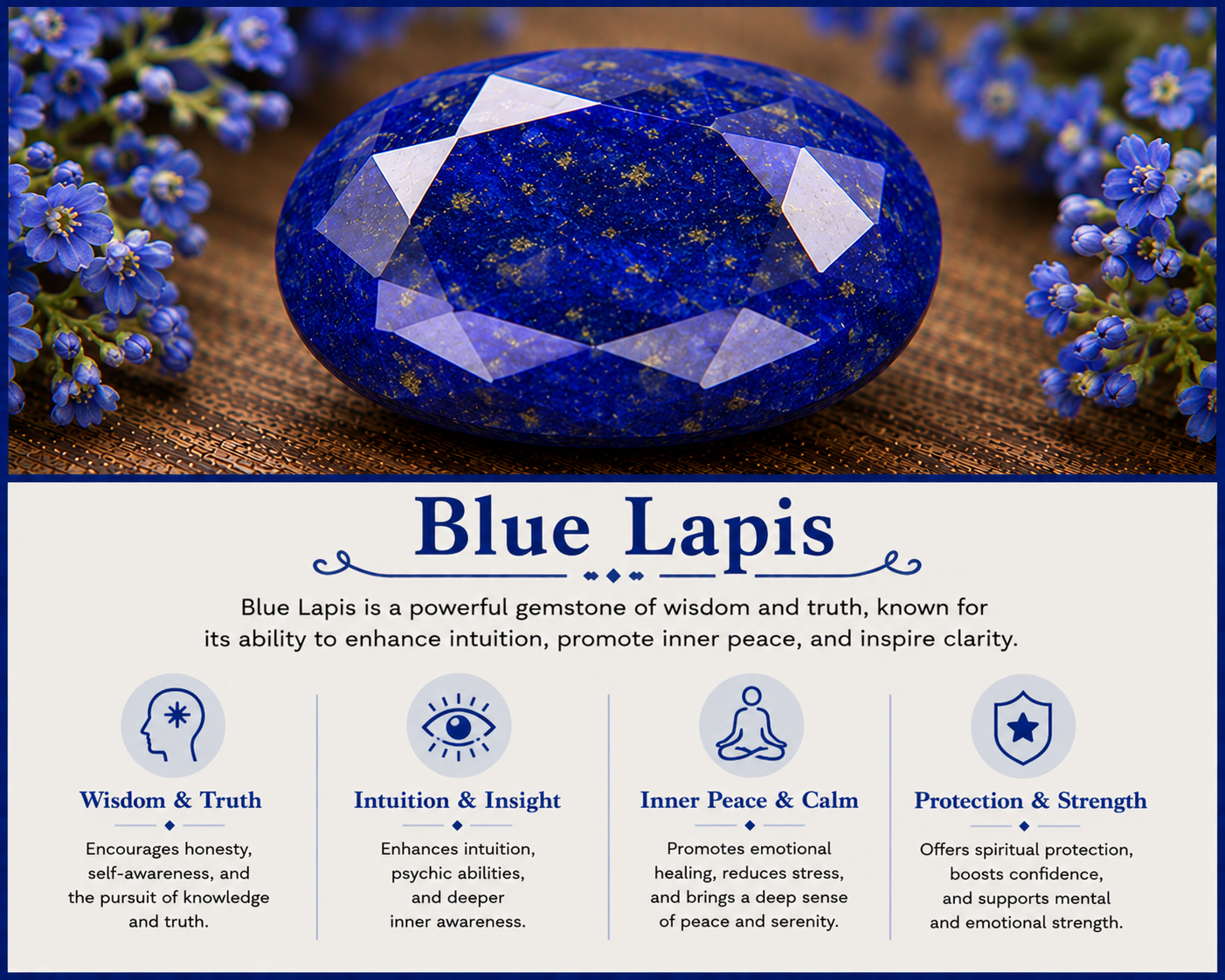 An informational poster showing a large blue lapis stone with gold flecks, surrounded by small blue flowers, and sections describing the benefits of blue lapis for wisdom, intuition, inner peace, and protection.