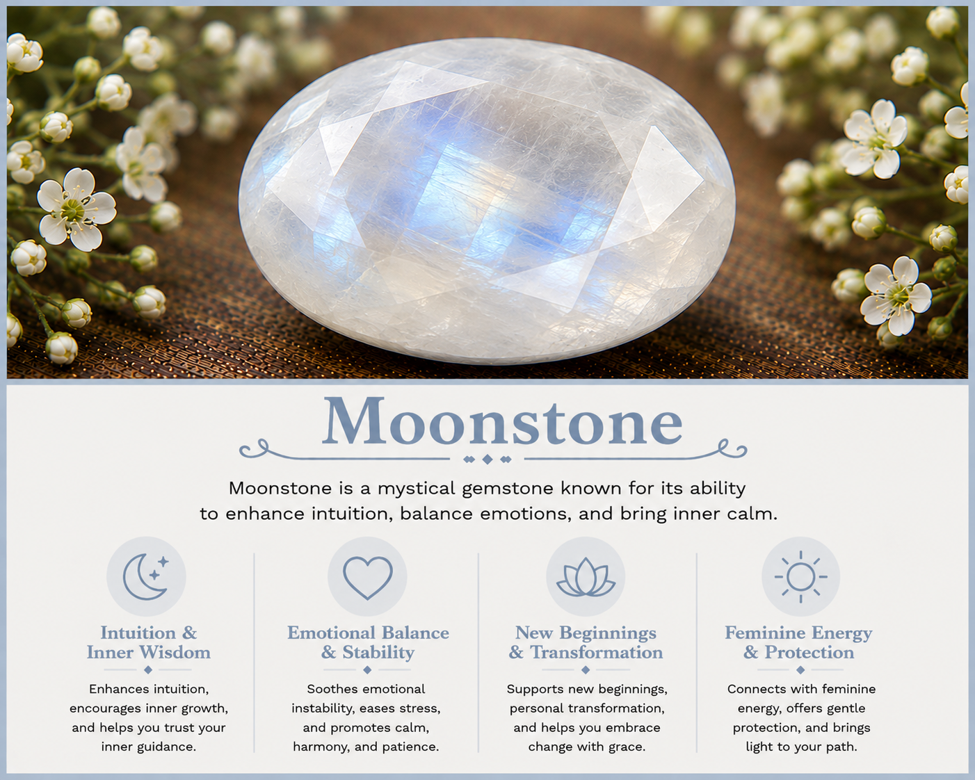 A large moonstone crystal with a milky, semi-transparent appearance and a subtle glow, surrounded by small white flowers on a brown textured surface.