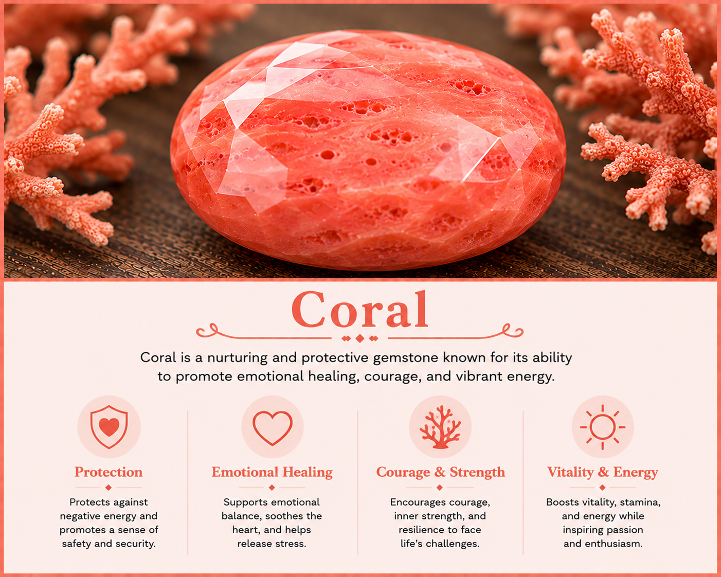 A pink coral gemstone resembling a smooth, polished coral piece, surrounded by small coral branches on a woven surface with informational text about coral's healing properties.