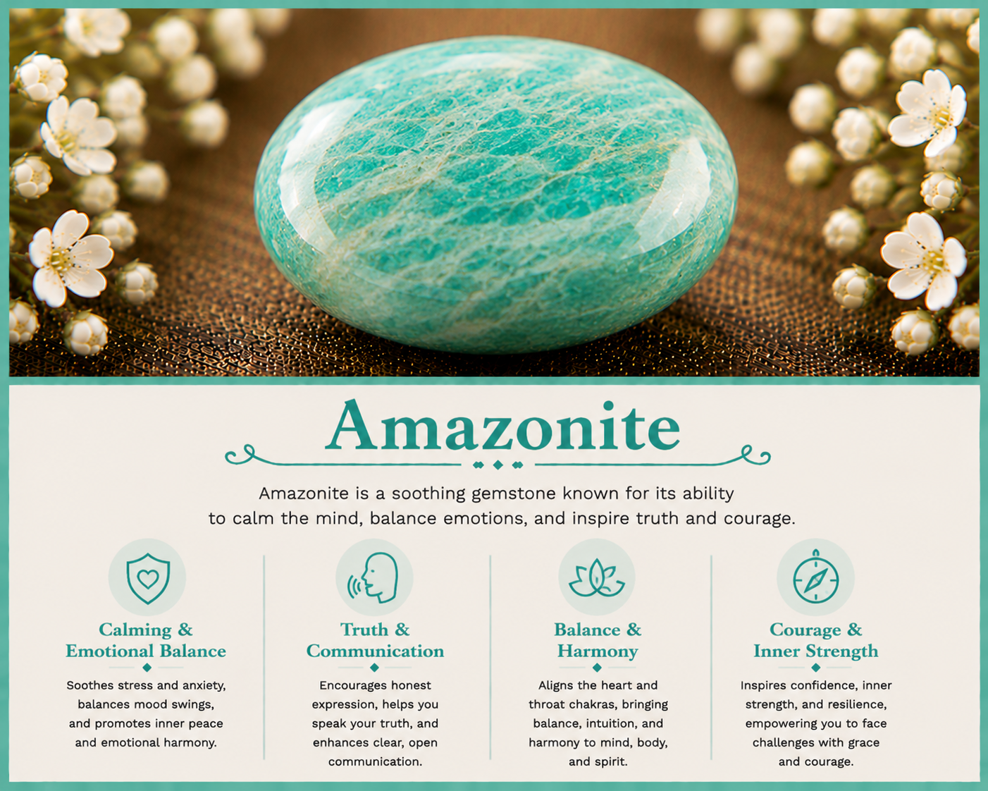 A polished Amazonite gemstone on a textured surface surrounded by small white flowers.