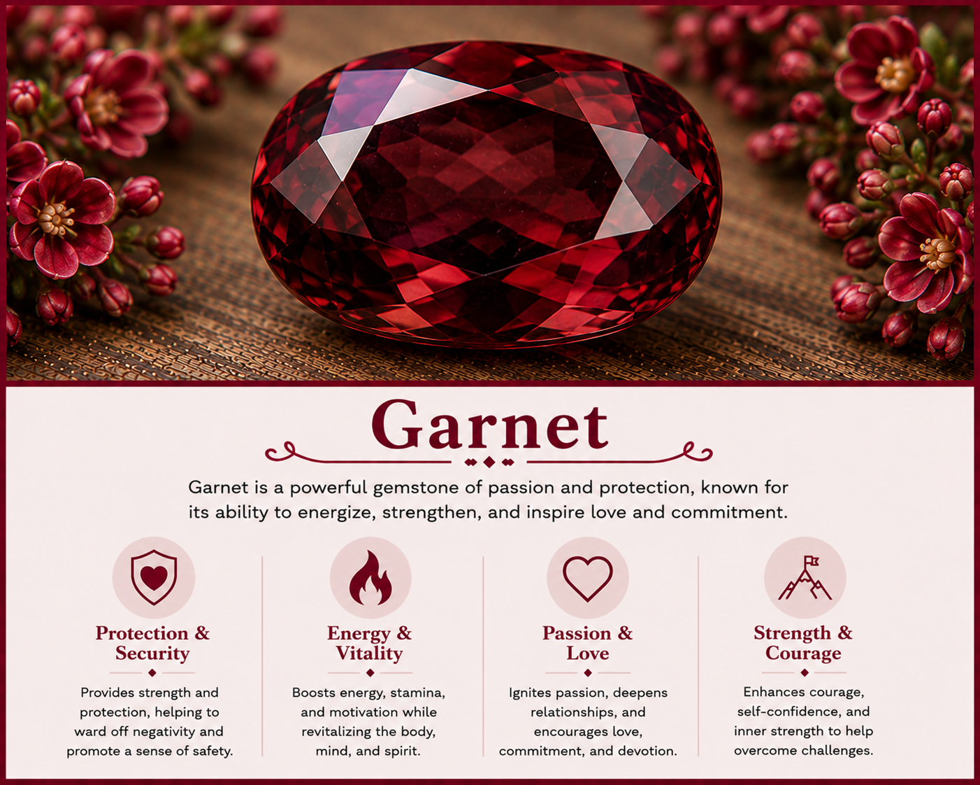 Close-up of a large, cut faceted garnet gemstone surrounded by small reddish-pink flowers on a textured surface.