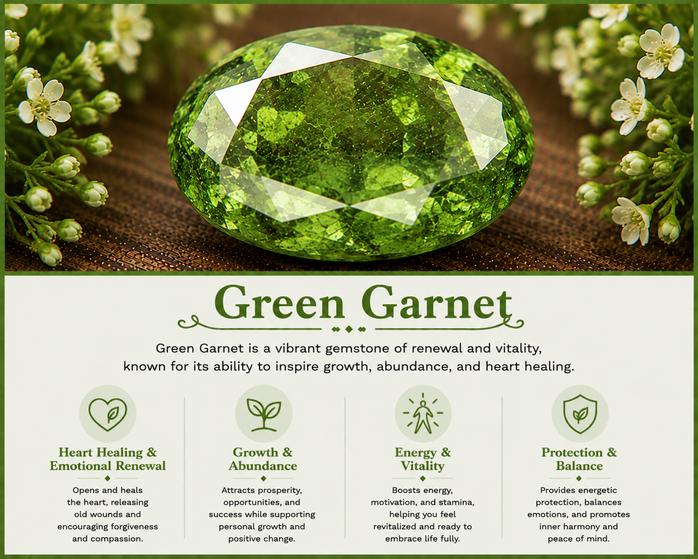 Close-up of a large, shiny green garnet gemstone surrounded by small white flowers on a textured surface.