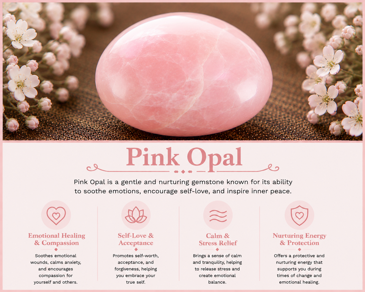 A pink opal gemstone surrounded by white flowers on a textured surface, with an informational card about pink opal's healing properties.