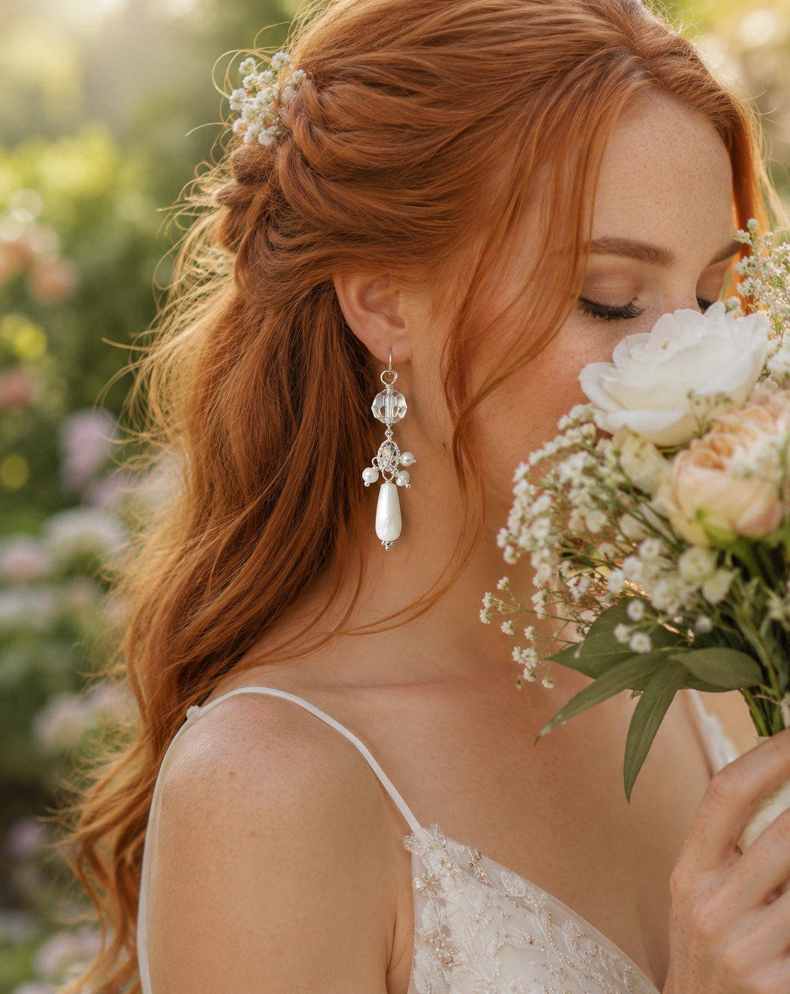 Close-up of a red-haired bride with floral hair accessory, holding a bouquet, wearing chandelier earrings, in a wedding dress, outdoors with blurred greenery background.