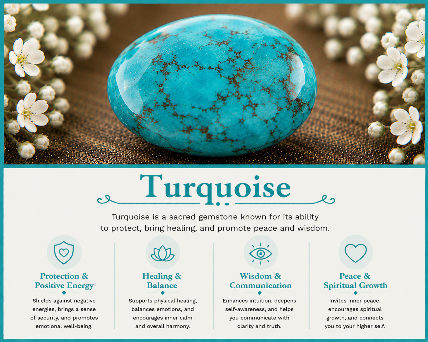 A polished turquoise gemstone surrounded by small white flowers on a textured surface, with informational text about turquoise's properties and benefits.