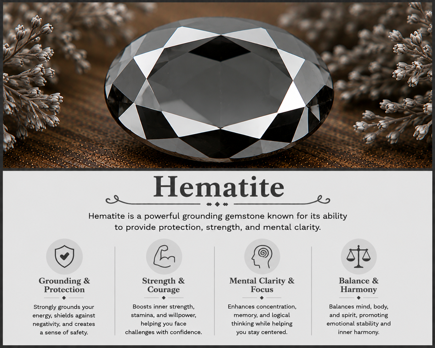 A large black gemstone with a faceted cut resting on a textured surface with small white flowers on either side. Below the gemstone is a label explaining that it is Hematite, a grounding gemstone known for protection, strength, and mental clarity, with icons and descriptions of its benefits.