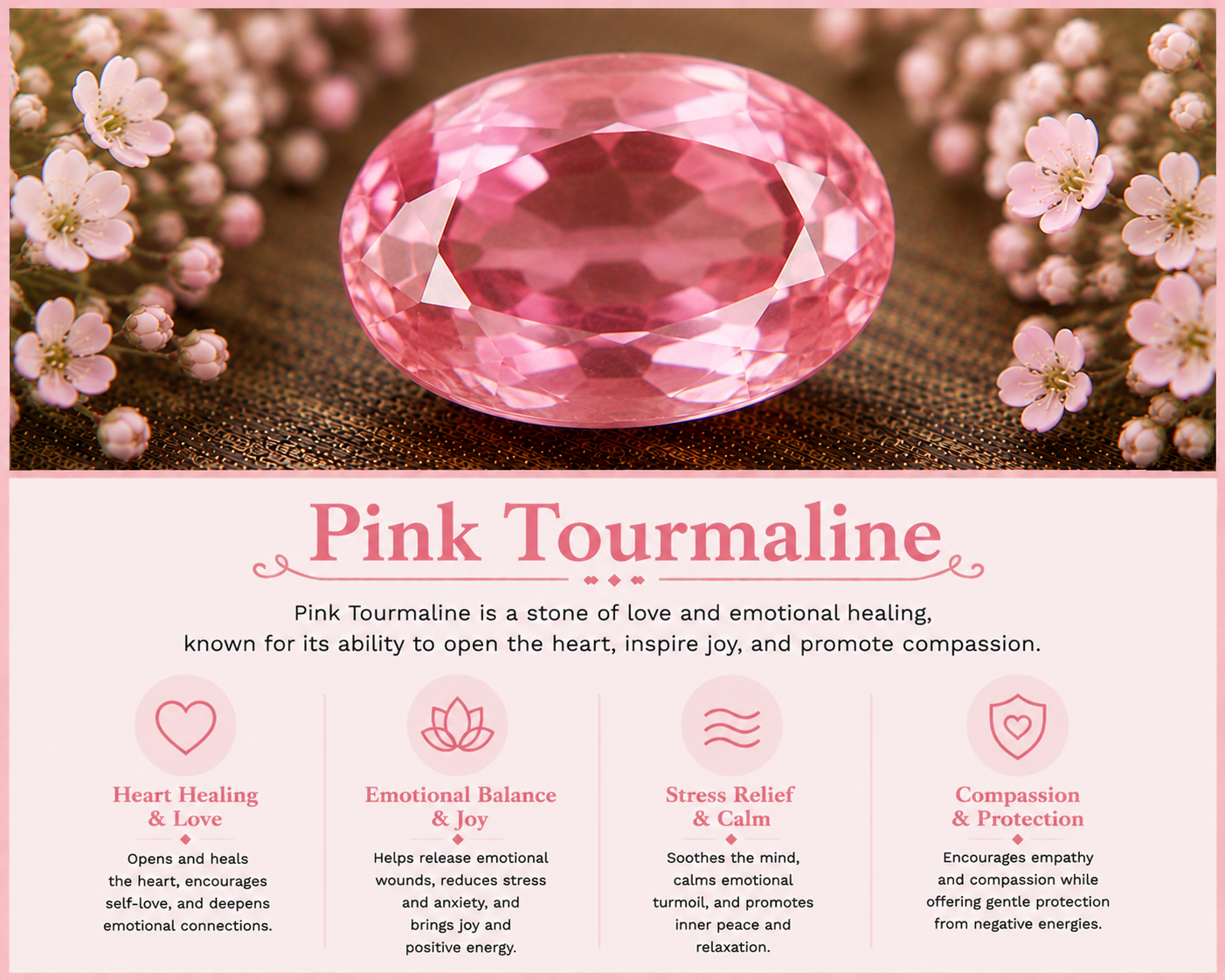 A pink tourmaline gemstone surrounded by small pink flowers with a description of its healing properties and benefits.