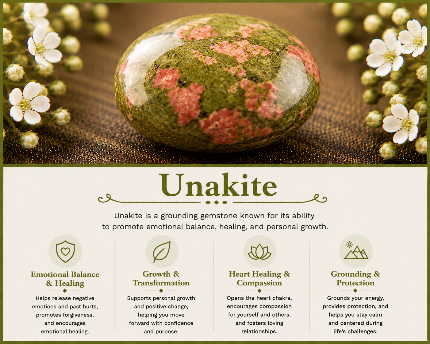A polished unakite gemstone with green and pink patterns, surrounded by white flowers with green stems, on a textured brown surface.