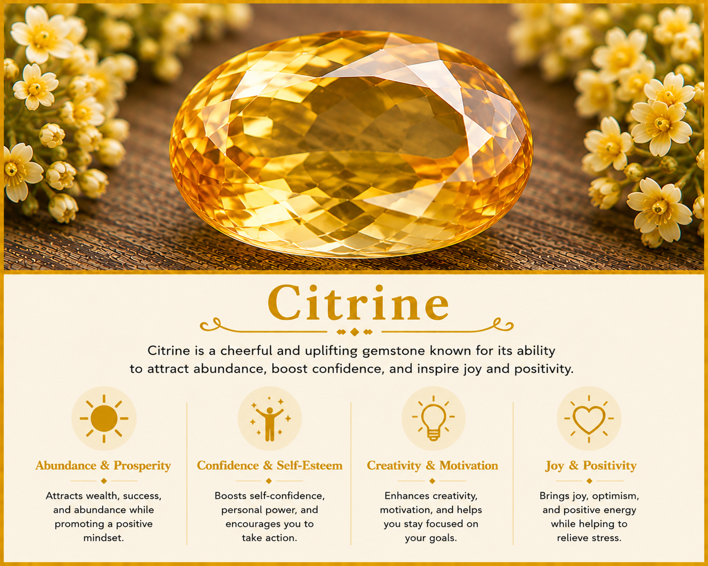 A large yellow citrine gemstone on a textured surface, surrounded by small white flowers, with informational text about citrine's benefits underneath.