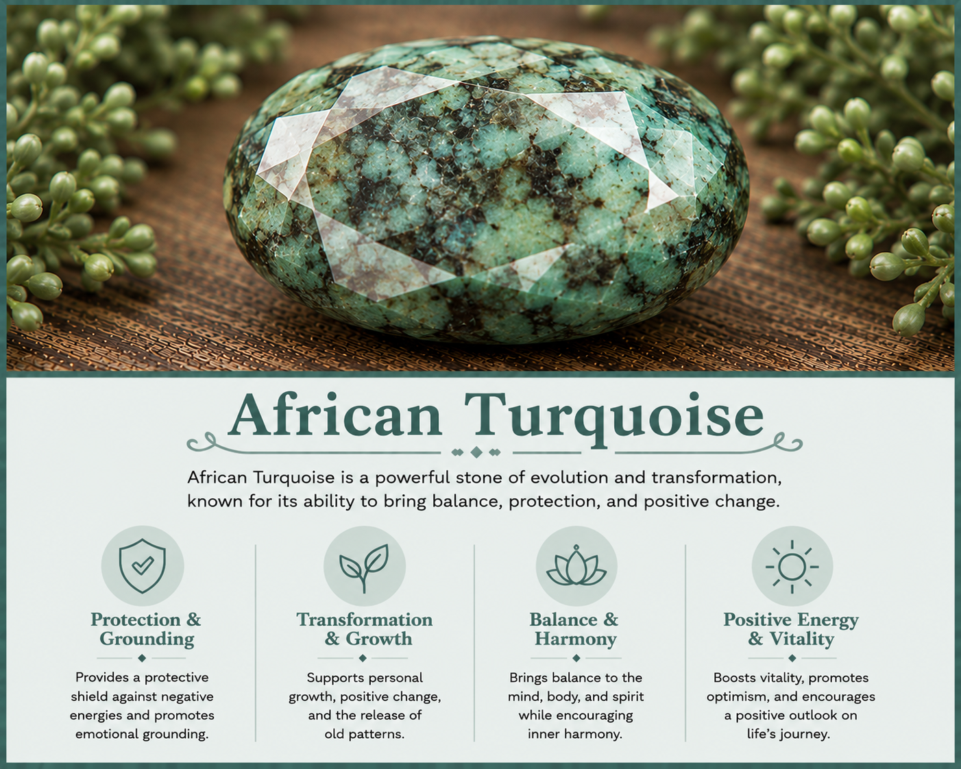 A polished African turquoise stone with a textured, patterned surface, surrounded by green foliage on a cloth surface.
