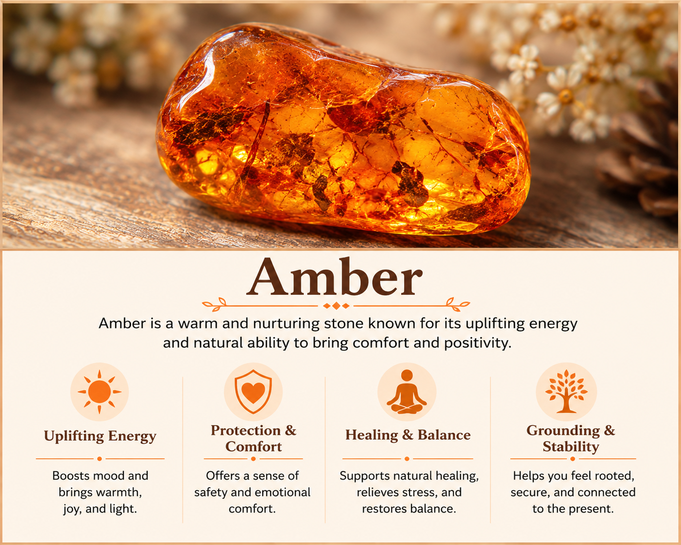 A polished amber gemstone on a wooden surface with flowers in the background. Below the image, the text describes amber as a warm, nurturing stone believed to uplift and bring comfort, protection, healing, balance, grounding, and stability, with icons representing each benefit.