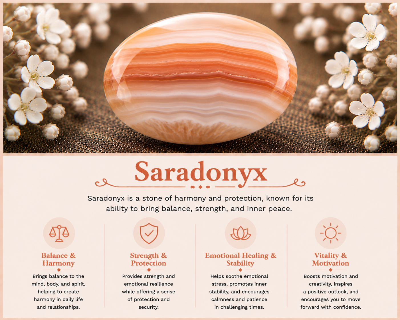 A polished orange and white banded Saronyx stone surrounded by white flowers with small buds, on a textured surface, with an informational poster about Saronyx at the bottom.