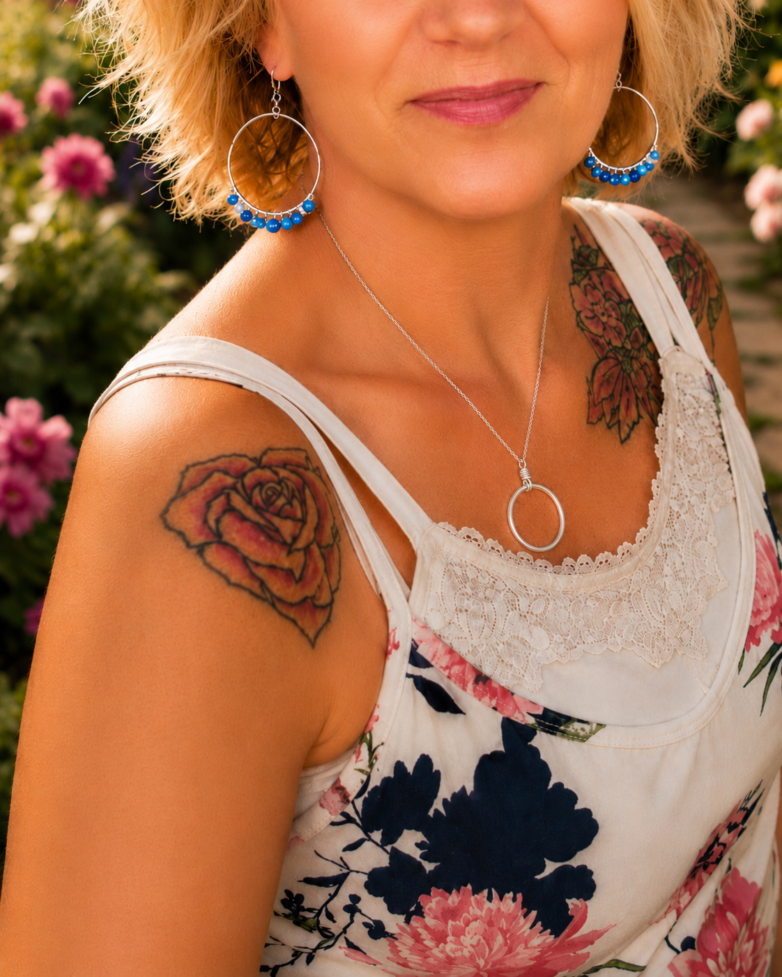 Jewelry by Lani homepage hero, a woman wearing hoop earrings among flowers