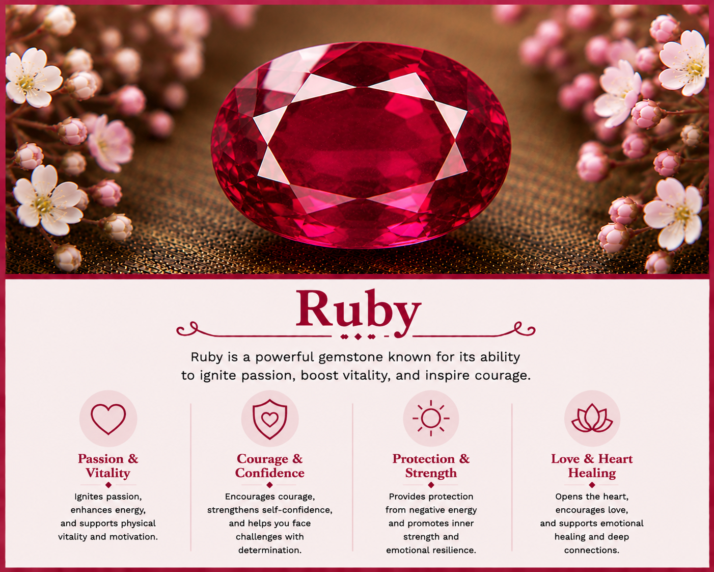 A large red gemstone with a deep cut, surrounded by small pink and white flowers on a dark, textured background.