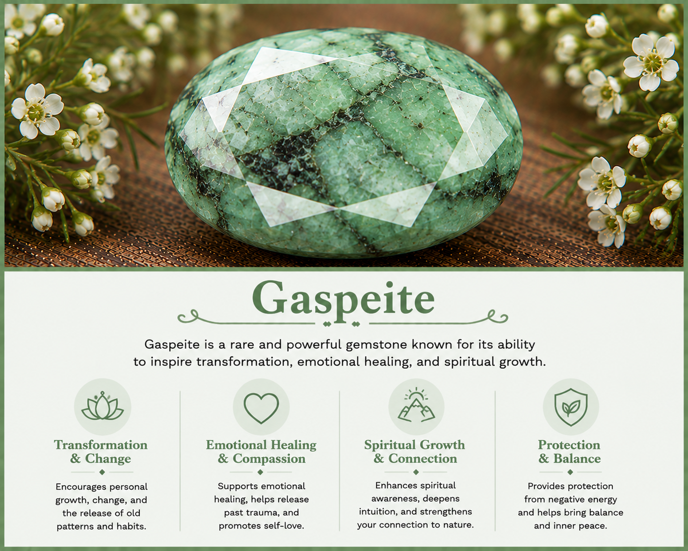 A polished green gemstone resting on a fabric surface with small white flowers on either side, and informational text about the gemstone Gaspeite below.