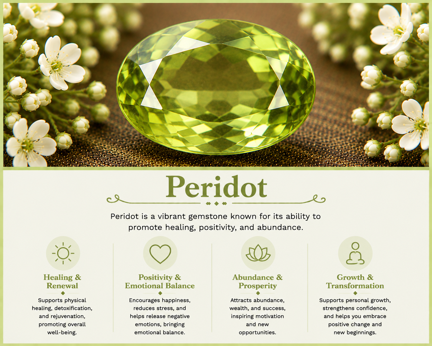 A large, faceted, green peridot gemstone surrounded by white flowers on a textured surface.