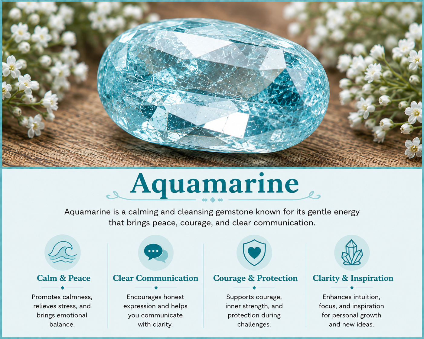 Infographic about aquamarine gemstone, featuring a large aquamarine stone on a wooden surface with white flowers nearby. The infographic explains that aquamarine is a calming and cleansing gemstone known for bringing peace, courage, and clear communication. It highlights qualities such as calmness & peace, clear communication, courage & protection, and clarity & inspiration, with brief descriptions of each.