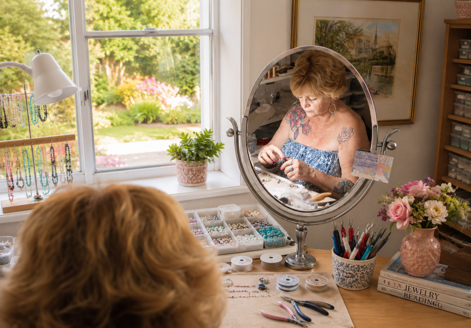 Lani at her jewelry workbench, surrounded by beads, tools, and a window looking out to her garden