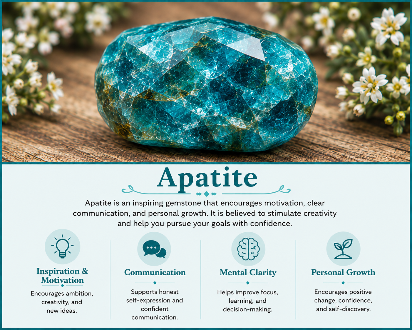 A polished blue gemstone on a wooden surface surrounded by small white flowers. The image also contains an informational graphic about the gemstone Apatite, describing its qualities and benefits for inspiration, communication, mental clarity, and personal growth.