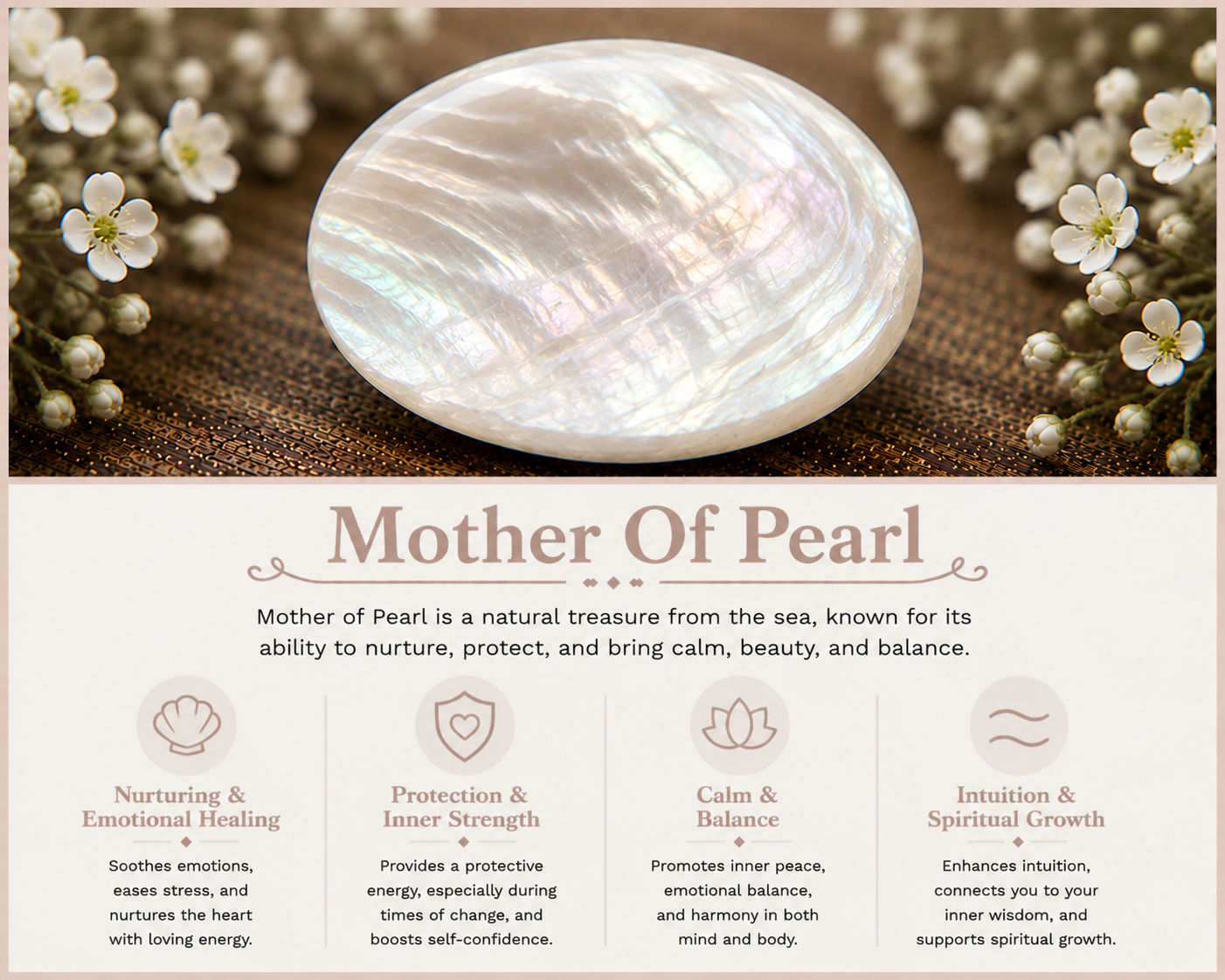 A large, iridescent mother of pearl shell on a textured surface, surrounded by small white flowers.