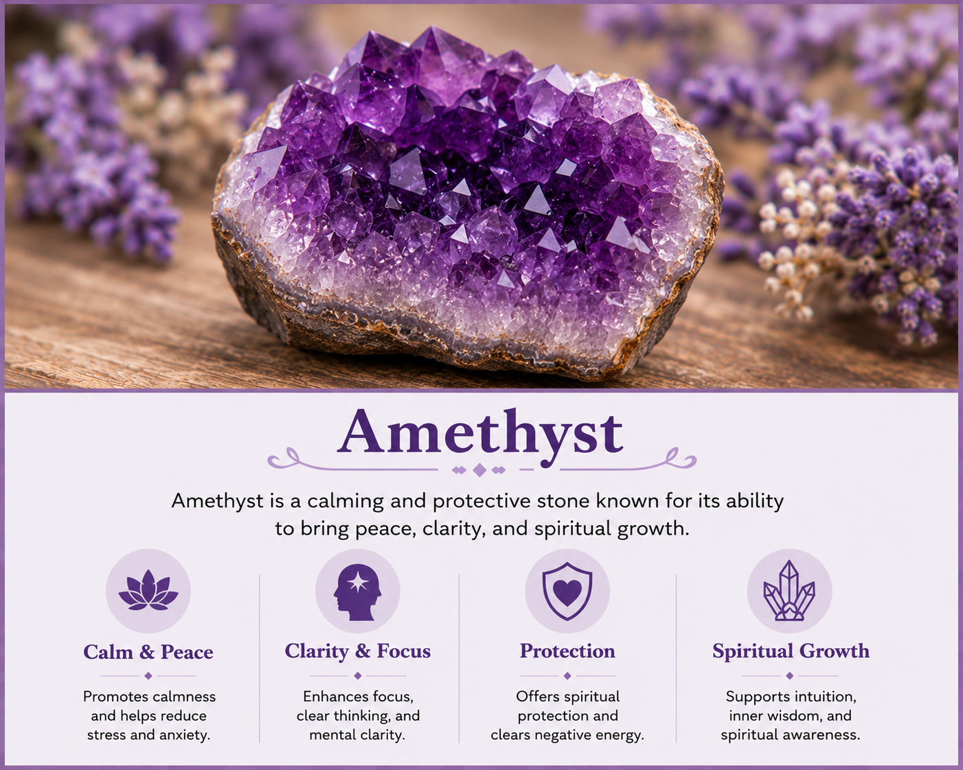 A purple amethyst crystal on a wooden surface with purple flowers in the background. Text describes amethyst's calming, clarifying, protective, and spiritual growth properties.