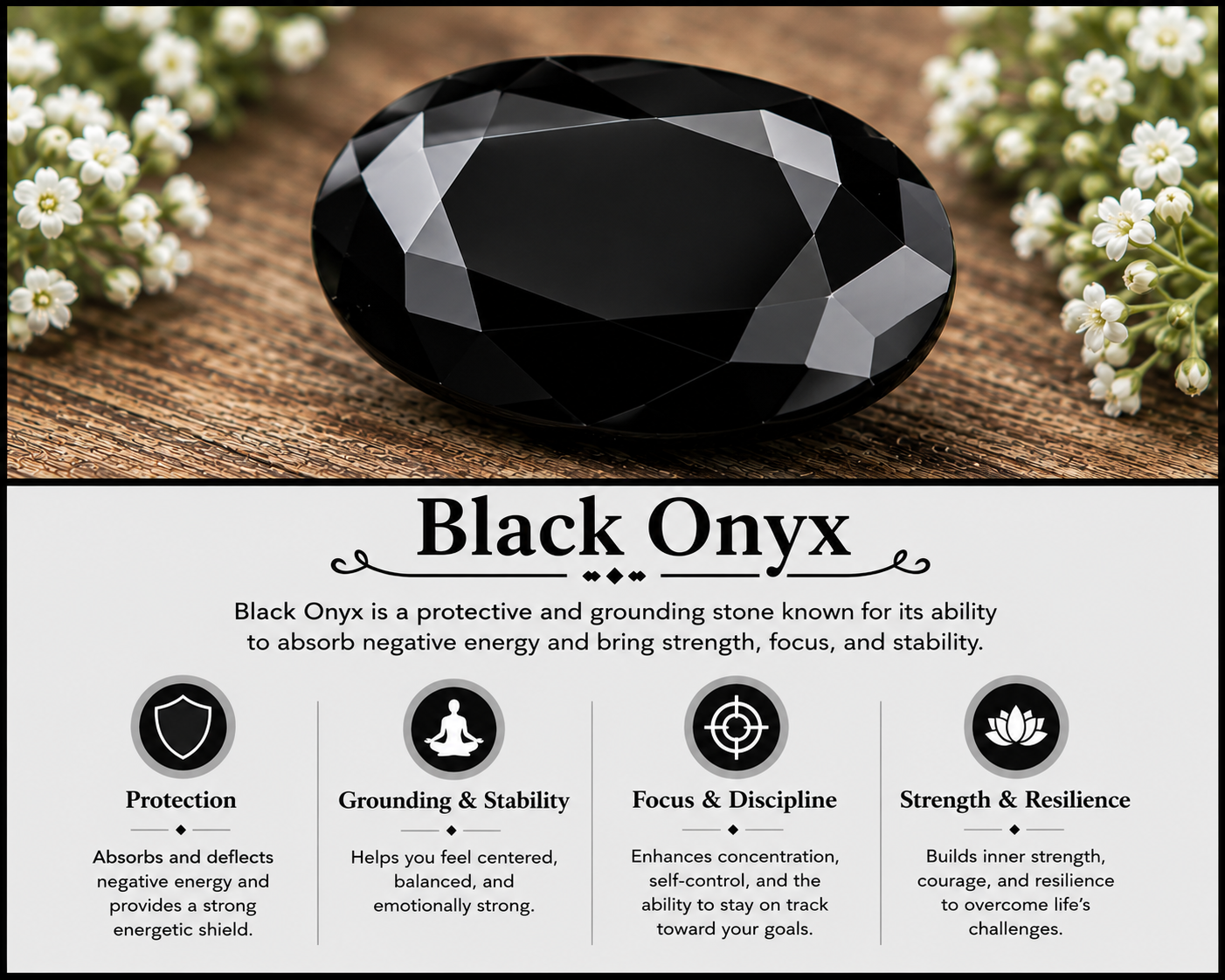 A black onyx gemstone resting on a wooden surface with white flowers around it. The image is part of an informational card describing the properties and benefits of black onyx.