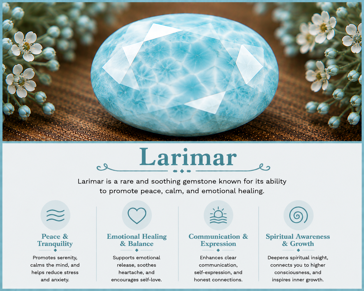 Larimar gemstone education card from the expanded Gemstones page