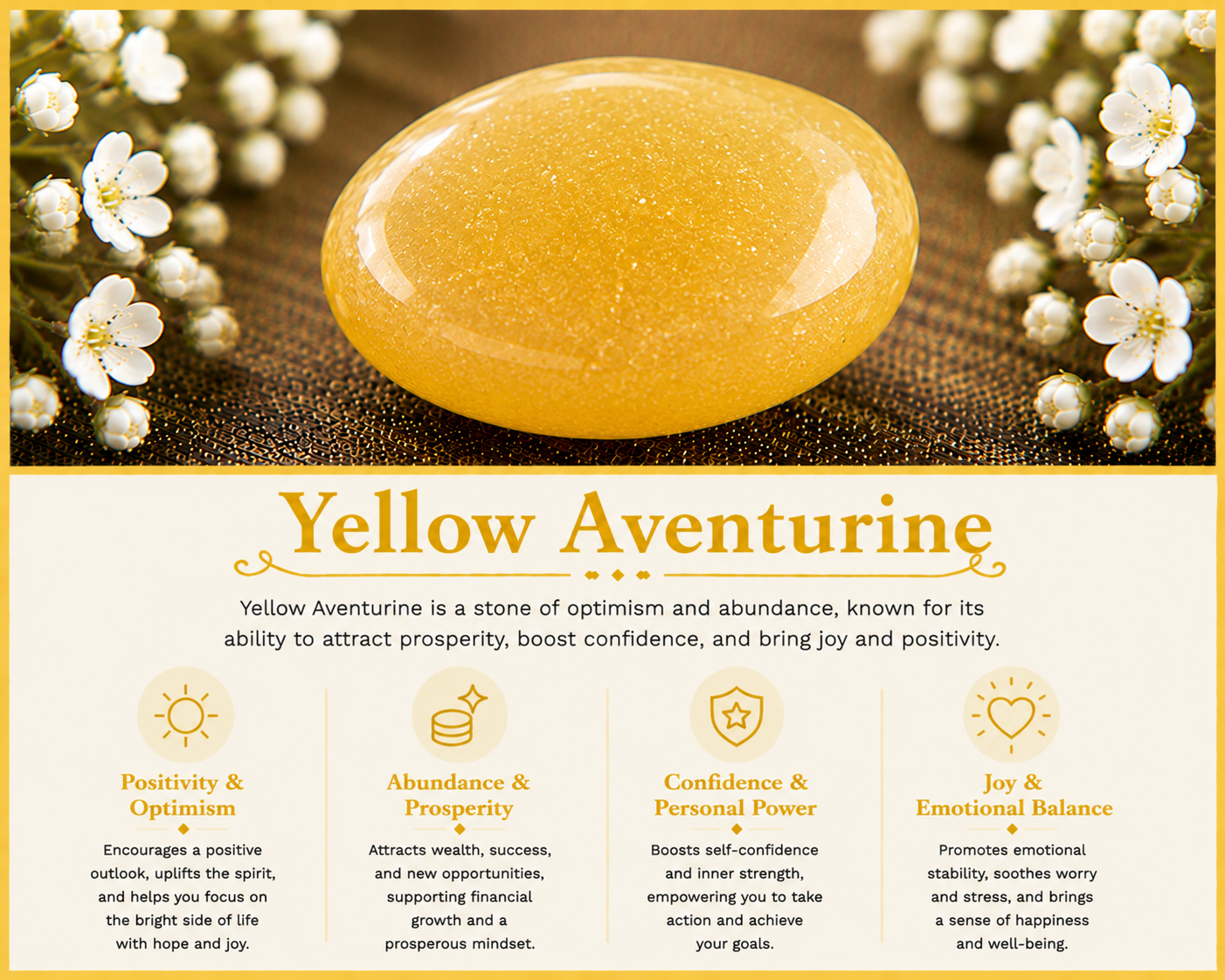 A polished yellow aventurine stone surrounded by white flowers on a textured surface, with descriptive text about the stone's qualities and benefits.