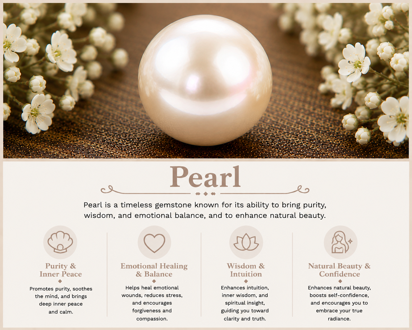 A large pearl resting on a textured surface, surrounded by white flowers.