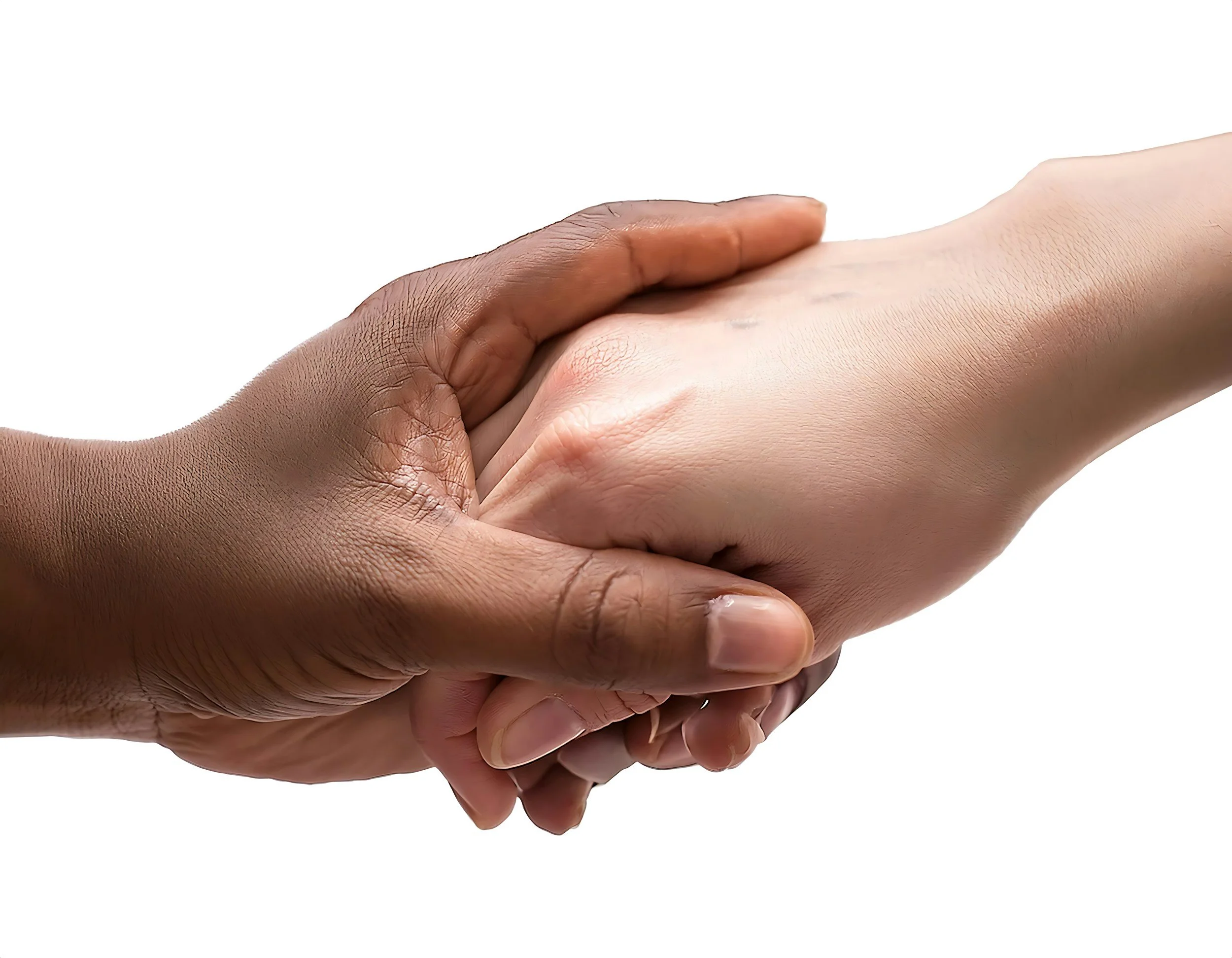 Close-up of a handshake between two people, one with darker skin and the other with lighter skin, against a white background.