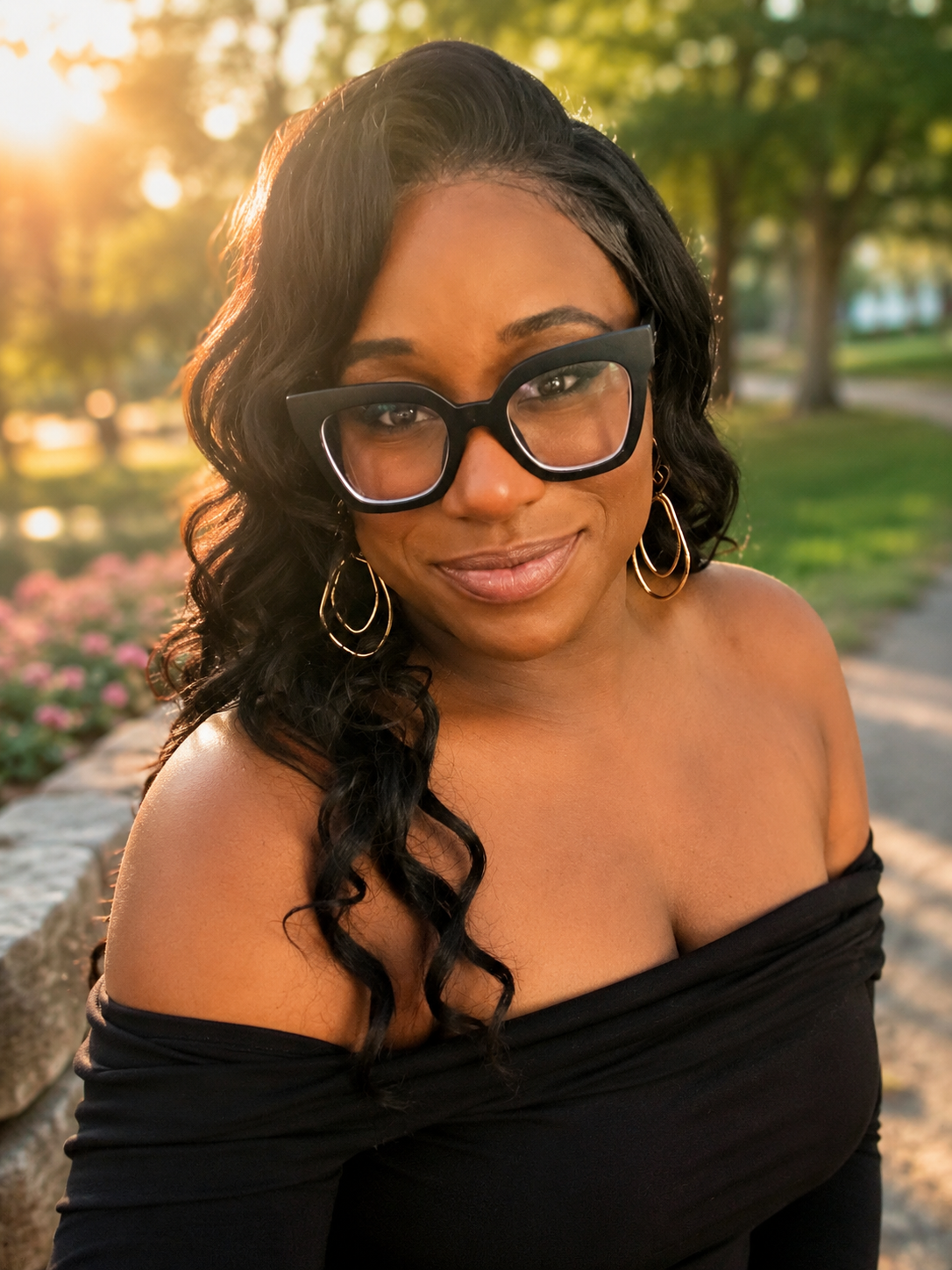 A woman with dark, curly hair wearing large black glasses, gold earrings, and an off-the-shoulder black top, outdoors at sunset with trees and flowers in the background.