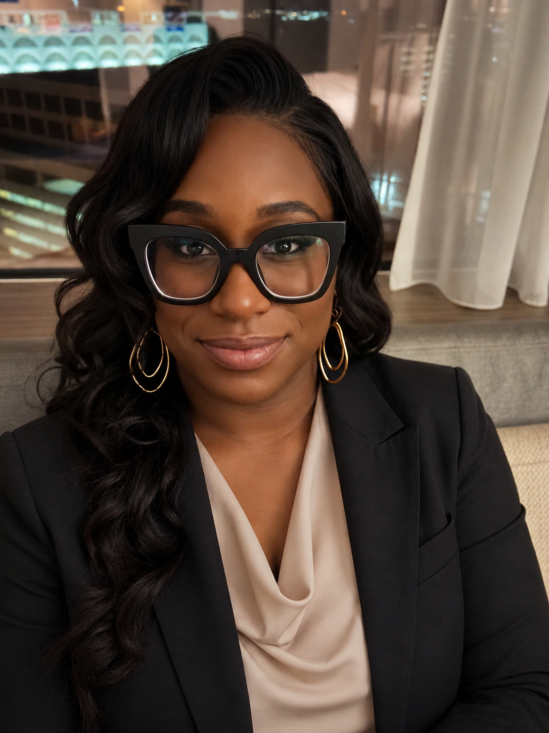 A woman with long wavy black hair, wearing large black glasses, gold hoop earrings, a black blazer, and a cream-colored blouse, sitting in a room with a window and curtains behind her.