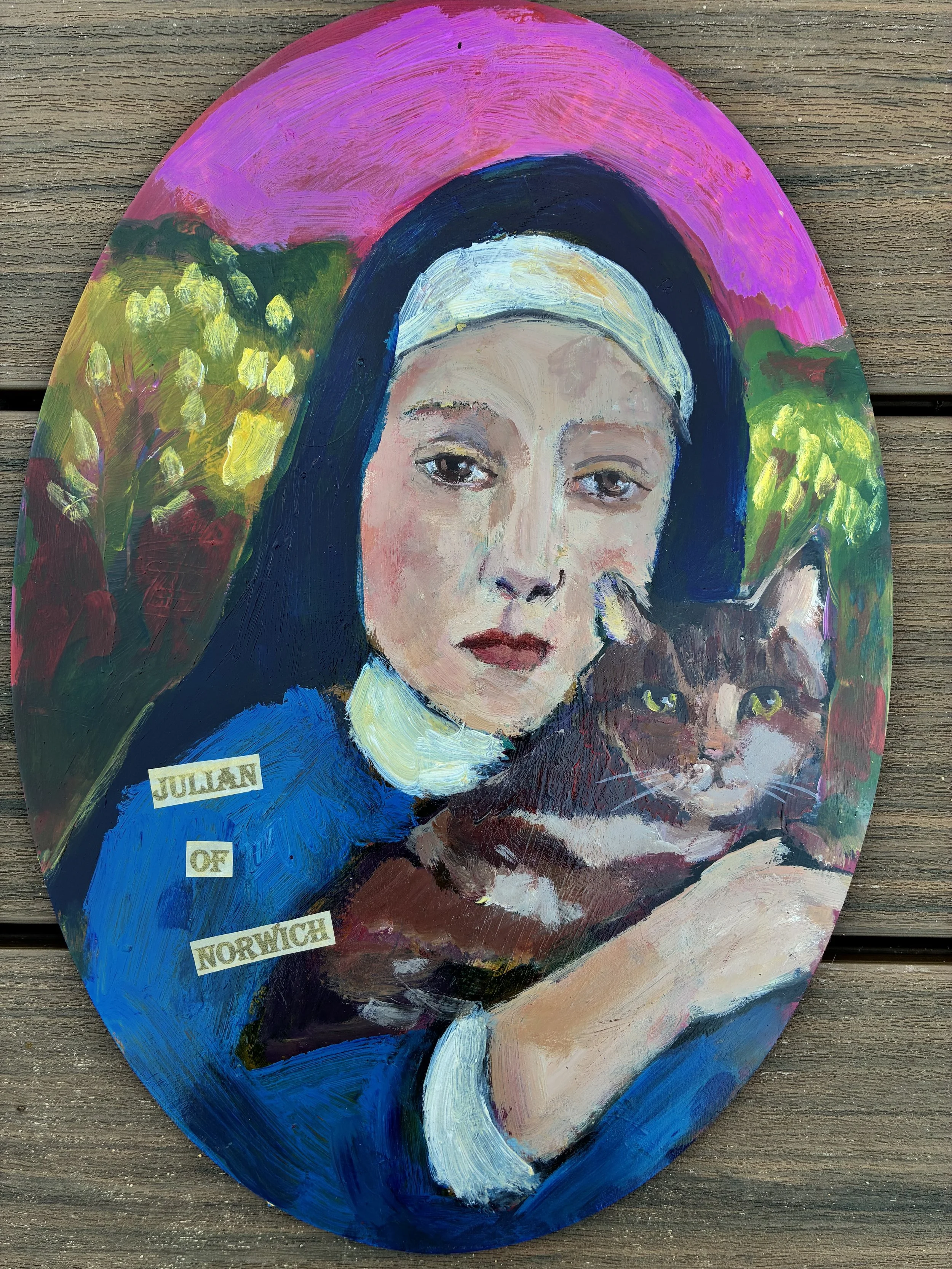 The Mystics series
Julian of Norwich
2026
Acrylic on board (oval)
25 x 35 cm
$65