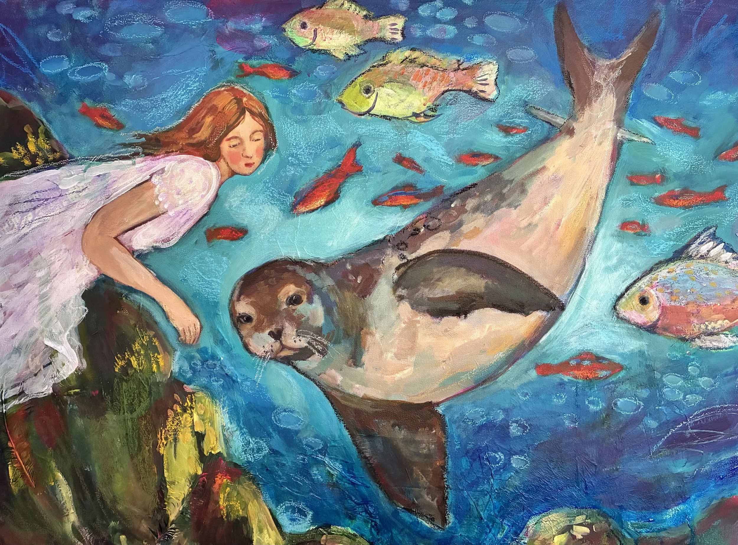 'Selkie Talks'
2026
Acrylic, oil pastel, collage on canvas
60 x 80 cm
$480