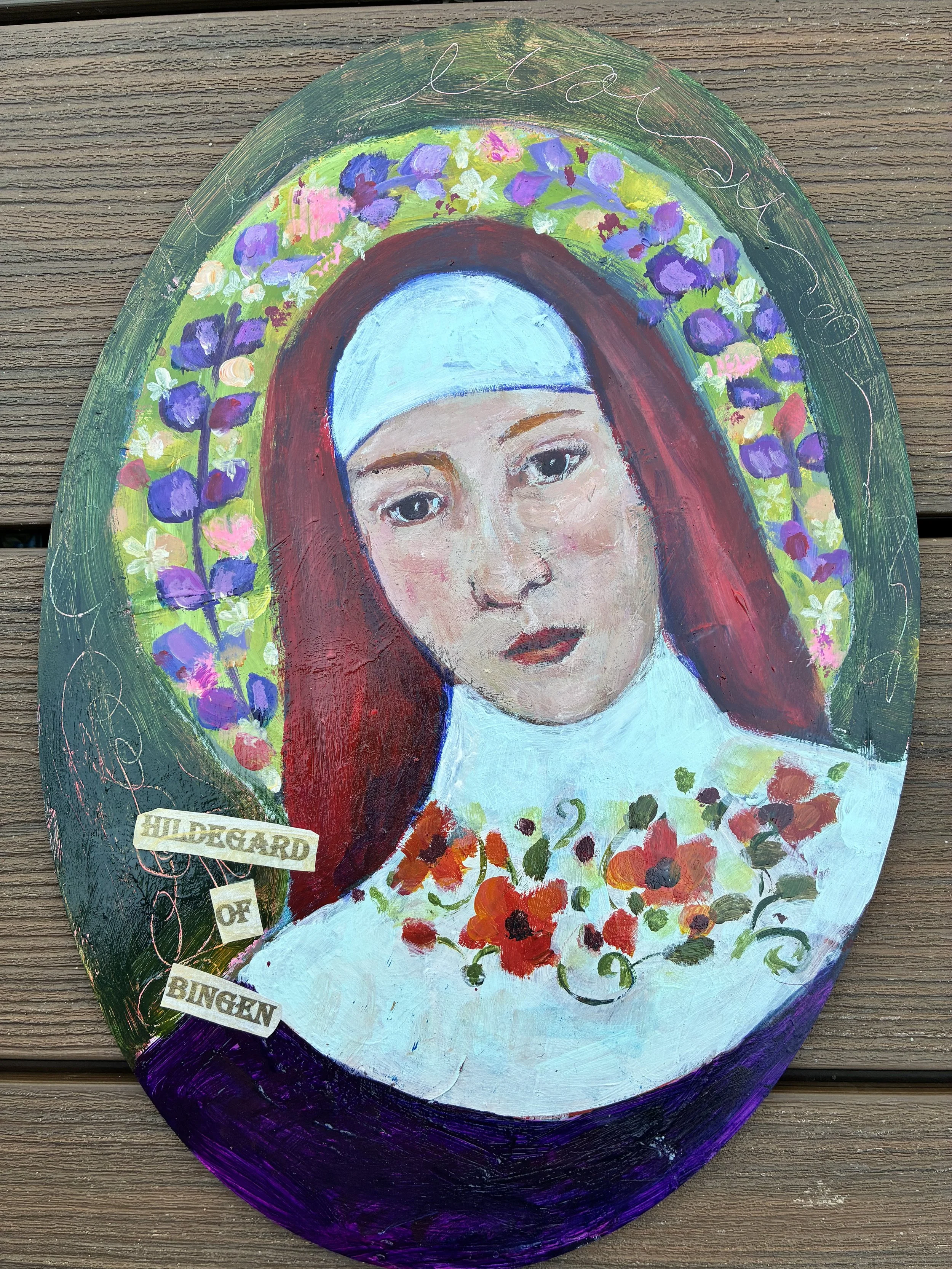 The Mystics series
Hildegard of Bingen
2026
Acrylic on board (oval)
25 x 35 cm
$65