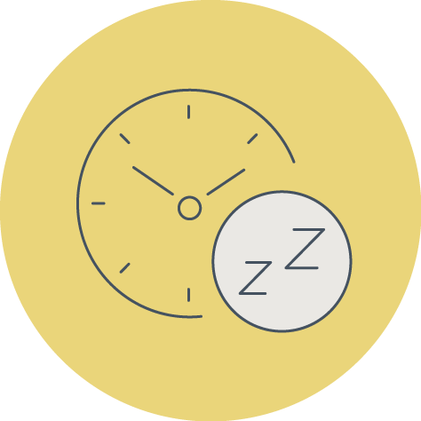 An alarm clock with a sleeping symbol in front of it, indicating wake-up time or alarm signals.